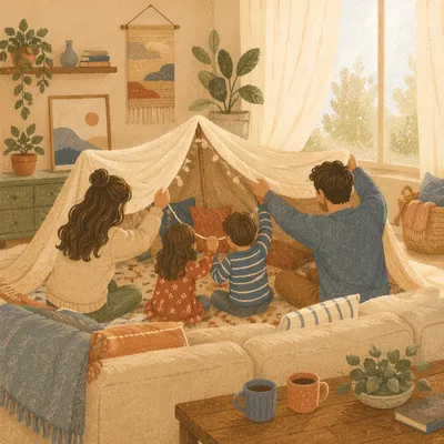 Happy Family Building Blanket Fort at Home