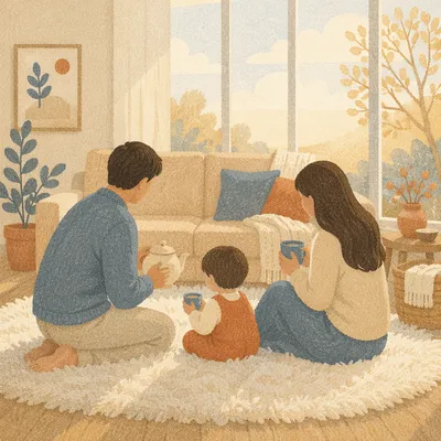 Happy Family Relaxing in Bright Living Room
