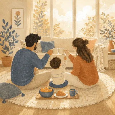 Cozy Family Morning in Sunlit Living Room