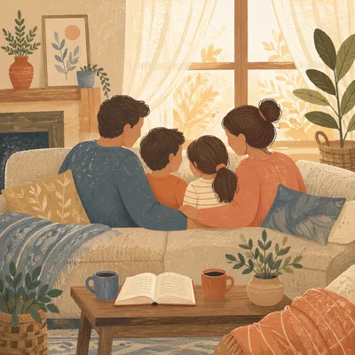 Happy Family Devotion in Cozy Living Room