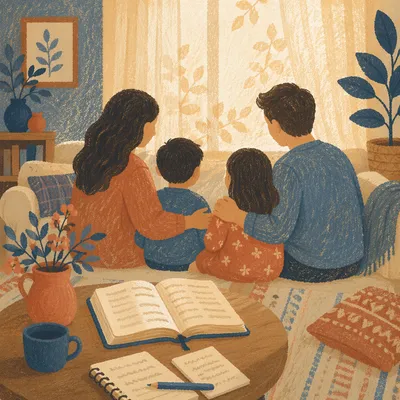 Happy Family Devotion in Cozy Living Room