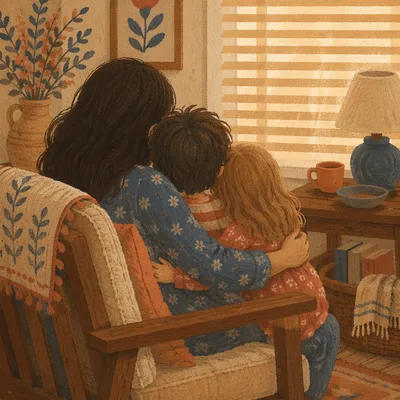 Warm Family Embrace in Cozy Living Room