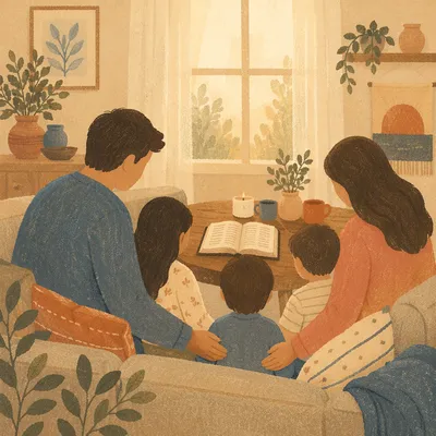 Happy Family in Cozy Sunday Living Room