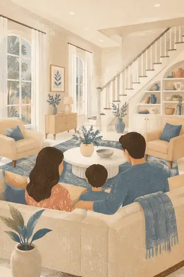 Happy Family in Bright Living Room
