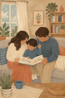 Happy Family Reading in Cozy Living Room