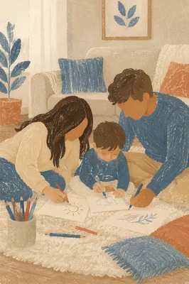 Happy Family Drawing Together at Home