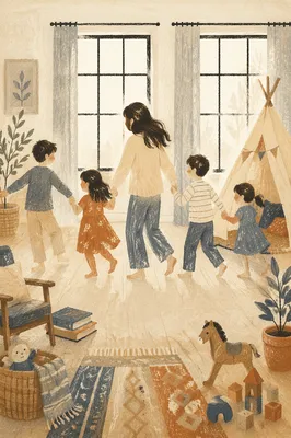Joyful Family Together in Bright Living Room