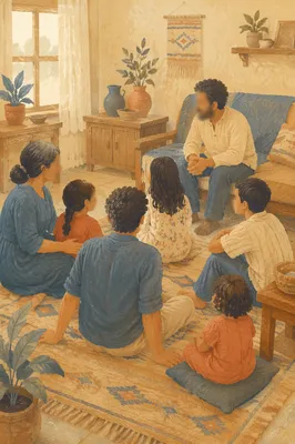 Joyful Family Gathering in Warm Living Room