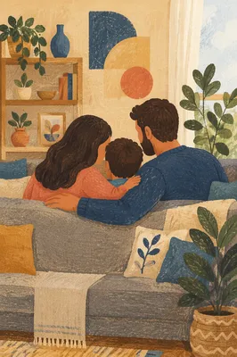 Happy Family Hug in Cozy Living Room