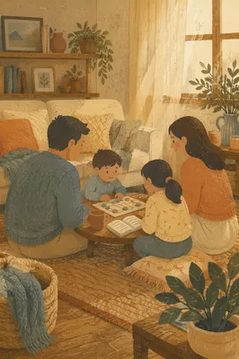 Happy Family Devotion in Cozy Living Room