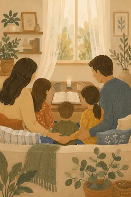 Happy Family in Warm Sunday Living Room