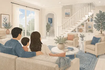 Happy Family in Bright Living Room