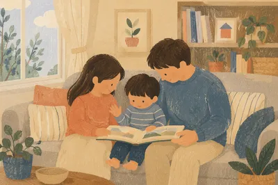 Happy Family Reading Together in Cozy Living Room