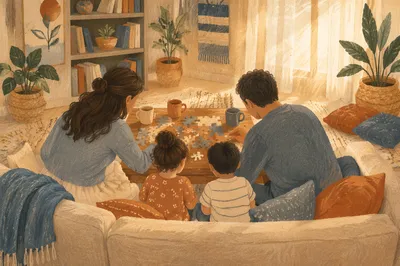 Happy Family Together in Cozy Living Room