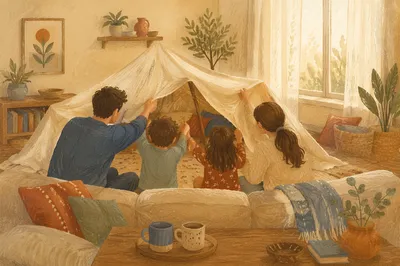 Happy Family Building Blanket Fort at Home
