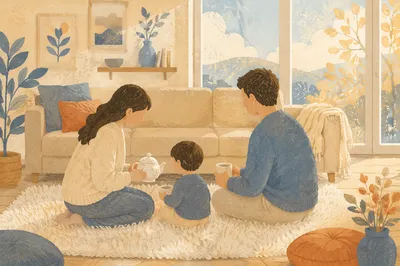 Happy Family Relaxing in Cozy Living Room
