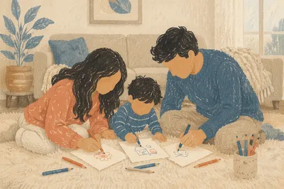 Happy Family Drawing Together at Home