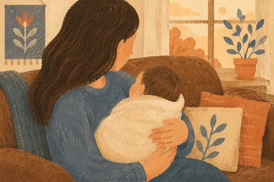 Tender Parent and Baby in Cozy Living Room