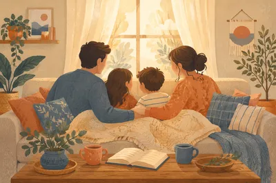 Happy Family Devotion in Cozy Living Room
