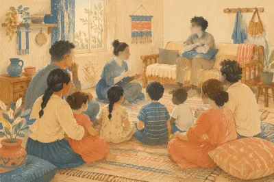 Joyful Family Gathering in Warm Living Room