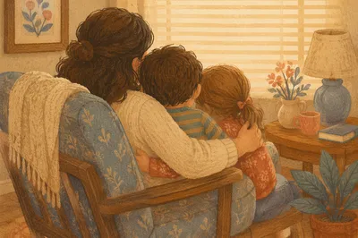 Happy Family Embrace in Cozy Living Room