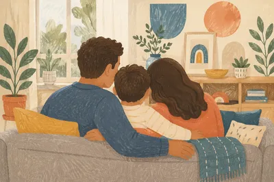Happy Family Hug in Cozy Living Room