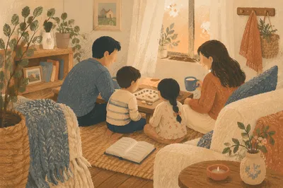 Family Playing Board Game in Living Room