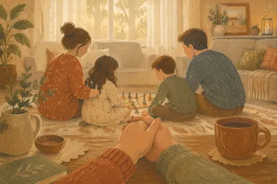 Happy Family Sunday in Cozy Living Room