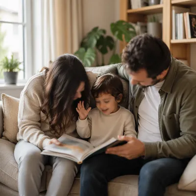 Happy Family Reading Together in Cozy Living Room