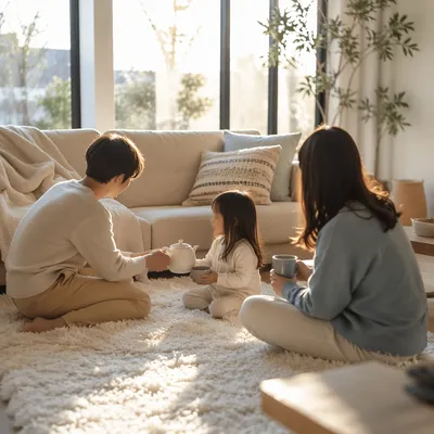 Happy Family Relaxing in Bright Living Room