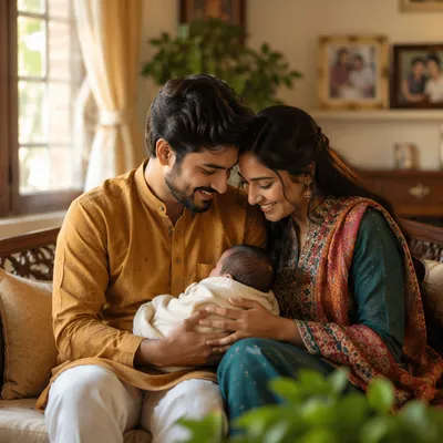 Joyful Young Family with Newborn at Home