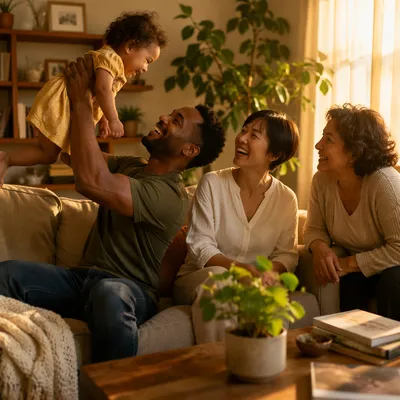 Joyful Multiracial Family in Cozy Living Room