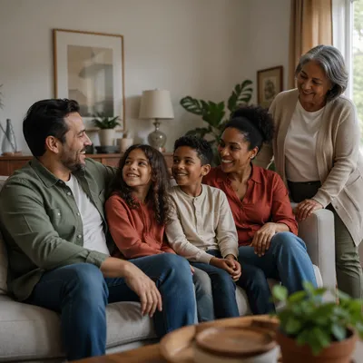 Joyful Multiracial Family in Cozy Living Room