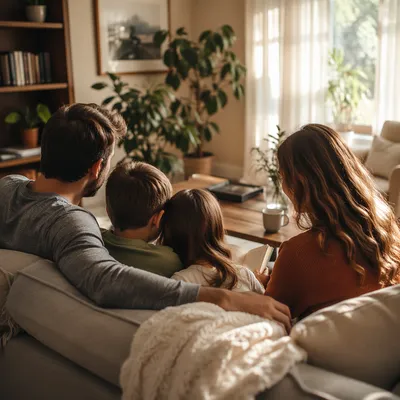 Happy Family Devotion in Cozy Living Room
