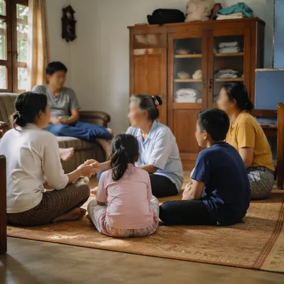 Joyful Family Gathering in Warm Living Room