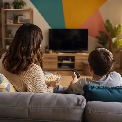 Happy Family Movie Time in Cozy Living Room