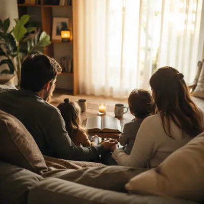 Happy Family in Cozy Sunday Living Room