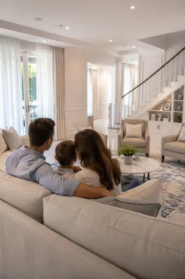 Happy Family in Bright Elegant Living Room