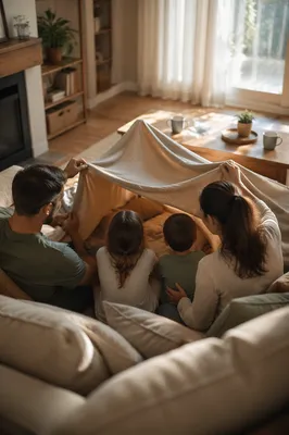 Happy Family Building Blanket Fort at Home