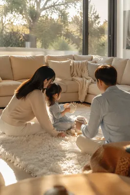 Happy Family Relaxing in Bright Living Room