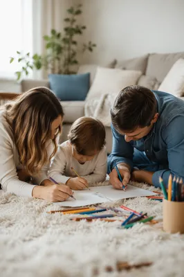 Happy Family Drawing Together at Home
