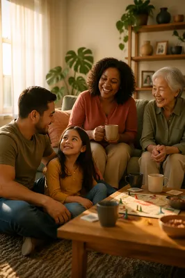 Multigenerational Family Relaxing in Cozy Living Room