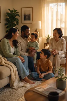 Multigenerational Family Relaxing in Cozy Living Room