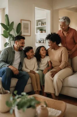 Happy Multiracial Family in Cozy Living Room