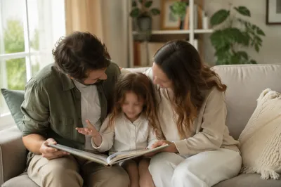 Happy Family Reading Together at Home