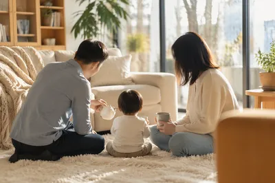 Happy Family Relaxing in Bright Living Room