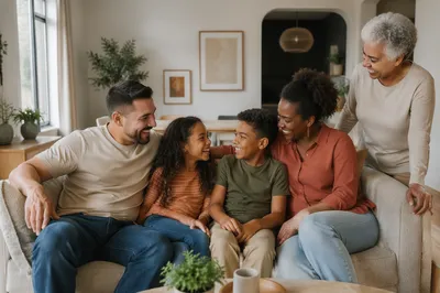 Joyful Multiracial Family in Cozy Living Room
