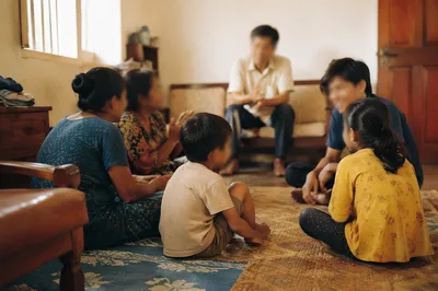 Joyful Family Gathering in Warm Living Room