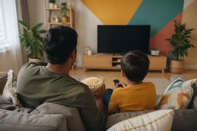 Happy Family Movie Time in Cozy Living Room