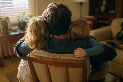 Joyful Family Embrace in Cozy Living Room
